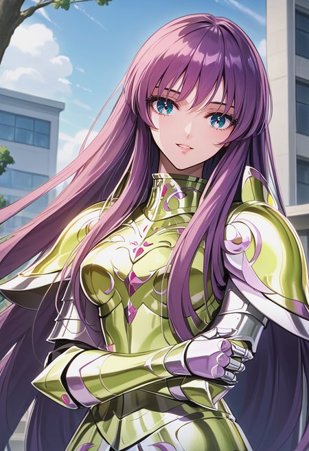score_9, score_8_up, score_7_up, best quality, intricate details, source anime, rating explicit, BREAK
Hiding face with arm, love gaze, blush, parted lips, light smile, head tilt, 
athenakido, purple hair, long hair, aqua eyes, bangs, armor, breastplate,
<lora:SaoriKido_Pony_v02-10:1> 
a charming school building with distinct architectural elements,