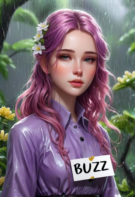 ((photorealistic)), ((1girl)),  score_9, score_8_up, score_7_up, score_6_up, score_5_up, 1girl, 25 years old, detail face, long dress, pretty dress, purple dress, long wavy hair, pink hair, pink wavy hair, wavy hair, wet hair, rain, perfect eyes, detailed skin, flower background, tree background, warrior princess, arrogant, aloof, (((holding a sign that says "BUZZ PLEASE", text: "BUZZ PLEASE")))