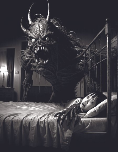 A monster under the bed,horror,creepy,dark,manga,hq,pencil,inspired by junji ito,superior quality,masterpiece emotional,detailed <lora:add-detail-xl:1.6> DonMn1ghtm4reXL <lora:DonMn1ghtm4reXL:0.7> <lora:SDXL_Black_Sa_May:0.6> <lora:lora-bloodyface-lite:0.5> <lora:fx-monsters-xl-meatsack:0.4> by Director Ridley Scott style <lora:Director Ridley Scott style:0.3>