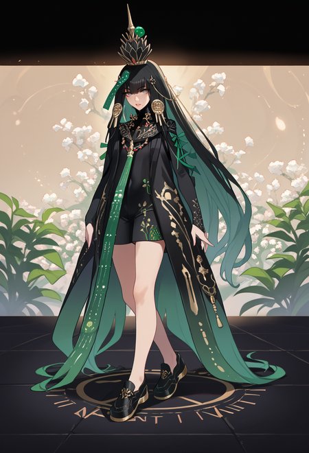 score_9, score_7_up, source_anime, BREAK   <lora:Qu__PGR-Punishing_Gray_Raven__All_Classes_Coming_Soon:1> Pavo, grey eyes, multicolored hair, black hair, green inner hair, long hair, mole under lips, Pavo clothes, Pavo crown, <lora:Ban!_(bansankan)_PonyXL_style_v01:1> parted lips, arched back, full body,
