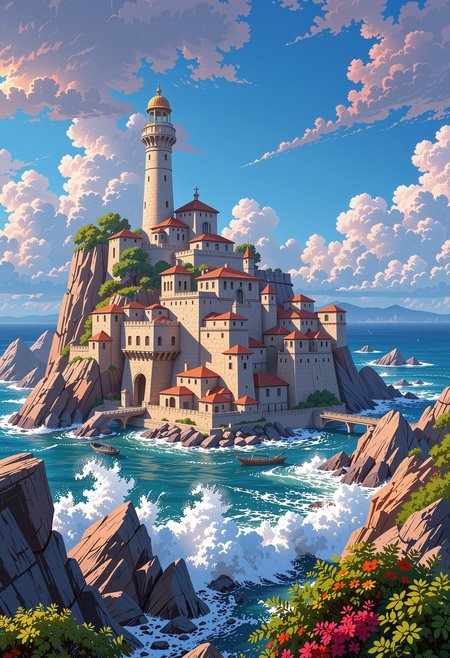 Perched atop a small, rocky island in the midst of a turbulent sea, a fantasy-style Mediterranean city rises like a dream carved in stone, its form both majestic and otherworldly. The island, a jagged outcrop of dark grey rock, is surrounded by smaller islets, each one crowned with clusters of buildings that echo the grandeur of the main city. The city itself is a labyrinth of light grey and white stone structures, their walls gleaming in the sunlight and their bright red shingled roofs creating a striking contrast against the cool tones of the sea and sky. The buildings are stacked and layered, climbing the island's steep plateaus and cliffs as if defying gravity, their forms blending seamlessly with the natural contours of the rock. The city's architecture is a harmonious blend of practicality and fantasy, with narrow, winding streets and staircases carved into the stone, connecting the various levels of the city. Houses, shops, and public buildings cling to the cliffs, their balconies and terraces overlooking the wild sea below. City walls, fortified and imposing, wind their way through the city, their surfaces adorned with intricate carvings and patterns that speak of a rich cultural heritage. Harbors dot the shoreline, their docks and piers battered by the intense waves, yet still standing strong, a testament to the resilience of the city's inhabitants. At the very top of the island, rising above the clouds, is a colossal tower, its form both elegant and formidable. The tower, styled like a lighthouse but on a grander scale, is the centerpiece of a complex of attached buildings that form a single, unified structure. The tower's light, a beacon of hope and guidance, pierces through the mist and clouds, its glow casting a warm, golden light over the city. The buildings surrounding the tower are adorned with arches, columns, and domes, their designs intricate and awe-inspiring, as if crafted by the hands of gods. The sea around the island is wild and untamed, its waves crashing against the rocks with a ferocity that contrasts sharply with the serene beauty of the city. The water is a deep, vibrant blue, its surface churned into frothy white peaks by the wind. The sky above is a mix of light blue and grey, with patches of sunlight breaking through the clouds, casting a soft, golden glow over the scene. The air is filled with the sound of the waves and the distant cry of seabirds, creating a symphony of nature's power and beauty. The island itself is a patchwork of rock and greenery, with a few hardy trees and lush green bushes clinging to life in the harsh environment. Their vibrant green leaves provide a stark contrast to the cool tones of the stone and sea, adding a touch of life and color to the scene. The overall color composition is a harmonious blend of light greys, whites, bright reds, deep blues, and vibrant greens, creating a peaceful and mystical atmosphere that feels both serene and alive with hidden energy. This is a place of profound beauty and quiet power, a sanctuary where the natural and the crafted exist in perfect harmony. The city, with its towering structures and intricate designs, stands as a testament to the ingenuity and resilience of its builders, a monument to the enduring allure of the sea and the sky. The absence of people only enhances the sense of tranquility and wonder, as if this place exists outside the bounds of time, a hidden gem waiting to be discovered by those who seek the extraordinary. It is a vision of a world where magic and nature are one, where every stone, every beam of light, tells a story of creation, resilience, and the enduring allure of the mystical. The scene is a beacon of light and beauty, a place where the boundaries between the real and the imagined blur, and where the impossible becomes possible. (There are no visible people anywhere!:1.2), mysterious fog envelops the landscape, adding depth and atmosphere to the composition, ultra-detailed, hyper-detailed, ambient lighting, (masterpiece), (Amazing quality), (phenomenal aesthetic), cinematic moment, 8K<lora:FLUX_Ghibsky_Illustrations.safetensors:0.8:1.0>