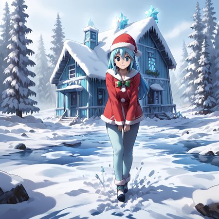 best quality, highres, high resolution, score_9, score_8_up, score_7_up, score_6_up, score_5_up, score_4_up, 1 female, aqua is wearing Santa outfit, her outfit is made of snow crystals,  (Aqua_(Konosuba):1), fr0stwrld, snow, ice, <lora:Fr0stWrld-v10:1.2> , <lora:Aqua Pony:1> ,full body, front yard of a house in snow forest, snow background, standing , anime pose, happiness face