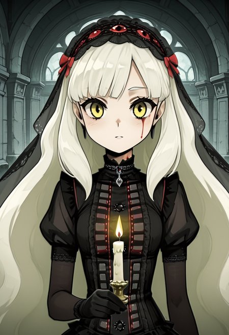 masterpiece, best quality, 1girl, solo,   zzMayu, black chains draped across shoulders, gothic collar with hanging silver cross, yellow eyes glowing beneath dark bangs, high-neck ruffled top, silver embroidery, torn veil, cold breath in the air, foggy mausoleum interior, flickering candle in hand, faint blood mark on neck  Mayu stands still, surrounded by stone tombs and the scent of old incense. Chains rattle softly as she shifts, her candlelight barely illuminating her haunted gaze. Her grip tightens, but her face remains sereneâas if expecting the dead to answer.     narrow waist, upper body,   , <lora:MAYULoveLogic_IXL:1.0>,  <lora:VampieNAI:0.7>,