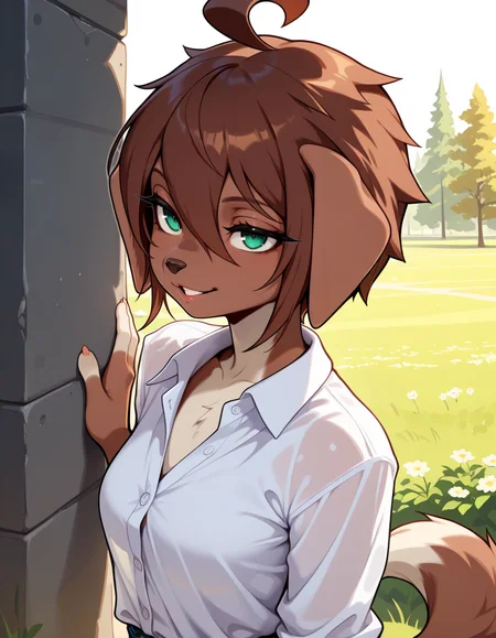 masterpiece, best quality, very aesthetic, absurdres,
outdoors, 
headshot,
button-down shirt,
seductive smile, parted lips, long eyelashes,
<lora:Kess_v01_NAIXL:1>
Kess,1girl,solo,furry,furry female,dog girl,brown hair,short hair,hair between eyes,dog ears,green eyes,snout,animal nose,body fur,brown fur,dog tail,