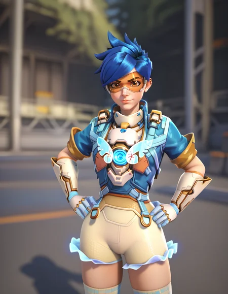 Masterpiece, high-res, 2k, best quality, 2.5d, 1girl, hero of heart, tracer (overwatch) , googles, harness, <lora:Hero_of_Heart_Tracer_Pony-000043:1> Hands on hips, Enchanted Forest with Glowing Mushrooms