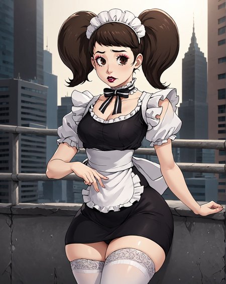 <lora:Kawakami_Sadayo:0.8> 1girl, kawakami sadayo, brown eyes, short hair, brown hair, striped shirt, black hair, twintails, maid headdress, maid, white thighhighs,, short hair, brown hair, white shirt, thick,wide hips,lipstick,sexy look,groin,lip gloss,plump ,makeup,side view,cute face,outside of a futuristic city  in the style of a mix between a mix of surreal futurism and retrofuturism with fluid detail in the style of Chris Foss and a mix of retrofuturism and dystopian with smooth detail in the style of John Harris , <lora:great_lighting:1.5> great lighting <lora:Pony_DetailV1.0:0.8>, lora:Test:0.8> detailed background
