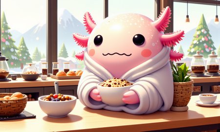digital illustration in a vibrant, cartoon style, featuring (SUBJECT), axolotl, image of tiny cute anthropomorphized axolotls with pink frilly gills and round black eyes,  close-up of a pink axolotl wrapped in a tiny blanket, seated in a hotel breakfast lounge with a view of snow-covered mountains; it holds a small, warm bowl of oatmeal topped with fruit and nuts, and its round black eyes are calm and content, with frilly gills tucked in cozily; soft, golden morning light illuminates the buffet area with coffee carafes, juice dispensers, and trays of pastries in the background, all softly blurred by the tilt-shift effect, creating a warm, inviting winter morning scene<lora:Axomodel_Flux_V2.safetensors:1.0:1.0> <lora:Katamari_Damacy_Style_FLUXCaption-000015.safetensors:1:1>