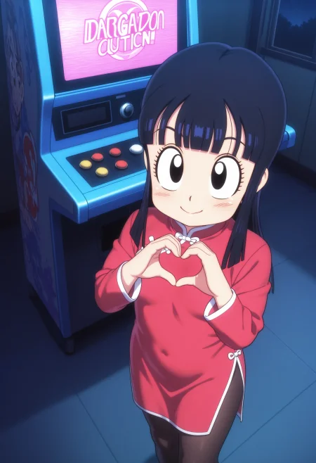 1girl, chi-chi \(dragon ball\), black hair, long hair, black eyes, red china dress, long sleeves, black pantyhose, 
smile, standing, heart hand, cowboy shot, looking at viewer, dutch angle, from above, indoors, arcade, arcade cabinet, dark room, night, shaded,
masterpiece, best quality, ultra-detailed, very aesthetic, illustration, perfect composition, intricate details, absurdres, official art, official style, source_anime, anime screencap, anime coloring, newest, intricate, hires textures, high detail, 4k, incredibly detailed, perfect anatomy, UHD, 8K,
| <lora:DB-chichi(yawaniku)_XL(ill01)v10d:1>