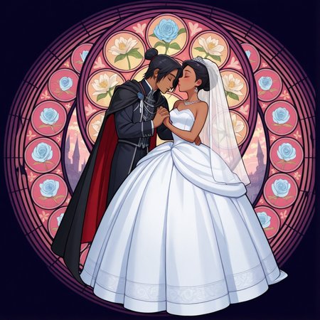 masterpiece, best quality, amazing quality, very aesthetic, absurdres, newest, 4k, 8k, 
divetotheheartxd, circle, black background, stained glass, round image, 1girl, 1boy, dress, hetero, art nouveau, wedding dress, veil, dark skin, couple, cape, flower, bridal veil, jewelry, closed eyes, wedding, holding hands, hair bun, black hair,
 <lora:STATION_OF_AWAKENING_V2:1>