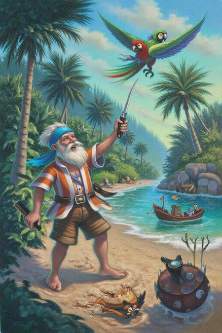 magr1 illustration.
The scene is set in a lush, tropical environment with a sandy beach at the bottom and a backdrop of lush, green foliage. The main character, an elderly pirate, stands on the sandy beach. He has a white beard, a blue bandana, and wears an orange and white striped shirt, and a pair of brown shorts. He is carrying a machette. He is following a colorful parrot flying in front of him. <lora:magr1_cap_d6a3e12:1.0><lora:828065898201068302:0>