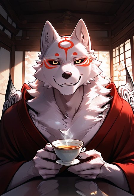 score_9_up, score_8_up, score_7_up, masterpiece, best quality, amazing quality, very aesthetic, absurdres, newest,  high quality, detailed, male, solo male, Amaterasu, 1boy, mature male, male, wolf, white fur, red markings on face, red markings, anthro, athletic build, broad shoulders, animal ears, black sclera, yellow eyes, black and red robe, looking at viewer, half body, smiling, indoors, Japanese interior, sitting, cup of tea in hand, volumetric lighting