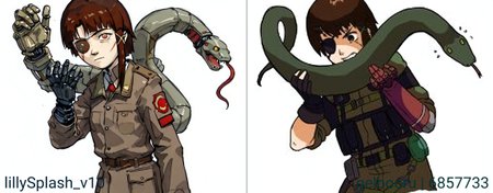 masterpiece, very awa, high quality, asymmetrical hair,brown hair,commission,crossover,eyepatch,gloves,hair ornament,highres,iwakura lain,joints,kamago draws,mechanical arms,metal gear \(series\),metal gear solid 3: snake eater,military,military uniform,parody,pocket,prosthesis,prosthetic arm,robot joints,scar,scar across eye,scar on face,serial experiments lain,single mechanical arm,snake,x hair ornament, suzukasuraimu, iwakura