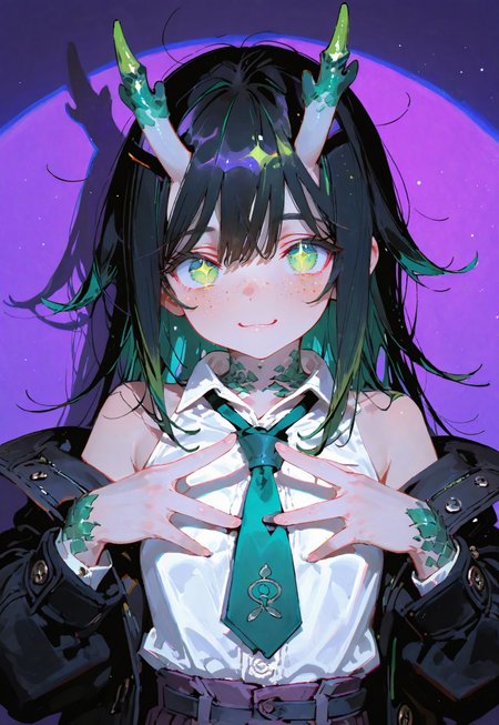 looking at viewer,bust shot

hand symbol with hands,smile

1 girl,petite,loose unruly messy hair,messy bangs,black hair,green accents hair,fair skin,dragon horns,green eyes, sparkling eyes,freckles

Large Black coat with green accent,coat hanging sleeves,white sleeveless buttoned shirt tucked in,green tie, exposed shoulder

Color background, bright purple background,shadow, light from front,glimmer, scales design, sparkling,spotlight,soft anaglyph

Cunnystyle,748cmstyle,Smooth_Quality,masterpiece,best quality,amazing quality, aesthetic,bright colors,bold lines