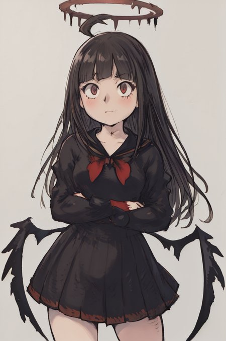 (Yoshida_Akihiko_PonyXL_style_v02.10.01:), solo, EPbaTsurugi, black hair, long hair, red eyes, blunt bangs, ahoge, halo, black wings, black sailor collar, black serafuku, black school uniform, black skirt, red neckerchief, blush, eyelashes, pleated skirt, sailor collar, skirt, sharp teeth, grin, crazy eyes, crazy smile, touching fingers, gray background, black wings, (Bravely Default Style), yoshida akihiko, blush, red eyes, shy, <lora:pony\char\game\ba\EPbaTsurugiPony.safetensors>, <lora:pony\style\Yoshida_Akihiko_PonyXL_style_v02.10.01.safetensors>, <lora:styles\yoshida_akihiko_offset.safetensors>, <lora:styles\BravelyDefault.safetensors>, <checkpoint:[Pony] prefectPonyXL_v10.safetensors>, <checkpoint:[SD15] tfmCutesyAnime2_genesis.safetensors>
