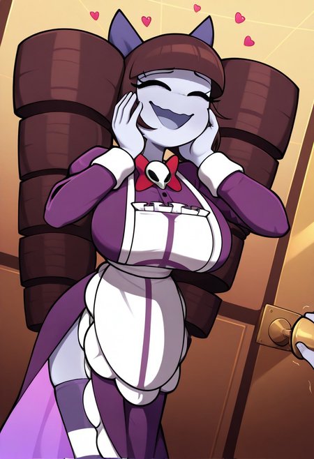 masterpiece, best quality, amazing quality, score_7_up, score_8_up, score_9_up,
dynamic angle, 
floating hearts, multiple hearts, 
1girl, Lillith \(wheatly101)\, tall girl, fit, wavy mouth, large cylindrical twin-drill pigtails shaped like barrels, straight-cut blunt bangs, dark brown hair, purple hair bowtie, pale purple-gray skin, colored skin, long hair, 5 fingers, 
dress, white apron, frilled skirt, dark purple dress, striped stockings, skull brooch, red neck bowtie, purple hair bowtie,
open mouth, happy, closed eyes, hand place on cheeks, 
Spiralart style,