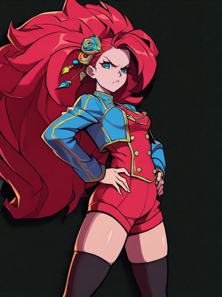 highres, hi res, best quality, masterpiece, intricate details, 4k,, 
1girl, red big hair, open jacket, black thighhighs, long sleeves, blue eyes, front, angry, from side, ornaments, idol, looking at viewer, simple colorful background, hands on hips, cowboy shot, hair ornament, 
 <lora:2XKO_style-10(IllustrousV2):1>, 2XKO,