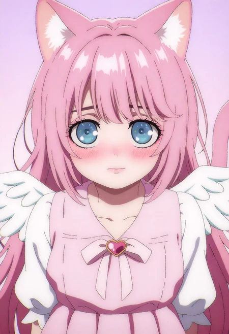 best quality, amazing quality, very aesthetic, absurdres,
1girl, angel wings, animal ears, blue eyes, cat ears, cat girl, cat tail, dress, long hair,
looking at viewer, magical girl, pink hair, pink theme, solo, tail, wings, yume kawaii, yume ne, <lora:AttackOnTitanNoob_byKonanV2:1>