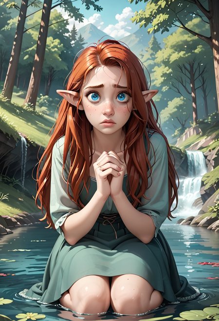score_9, score_8_up, a red haired elf kneeling next to a spring of water in the woods, masterpiece, cinematic look, soothing tones, hyperdetailed, 25 years old, trees, outside, cupping water in hands, drinking water, long hair, hair down to hips, loose long hair, thirsty, confused, red hair, ginger hair, bright blue eyes, full body, heart shaped face, auburn hair, dirty hair, tangled hair, small nose, full lips, elven ears, pointed ears, pale skin, freckled face, freckles, sleepy, noontime, tired
