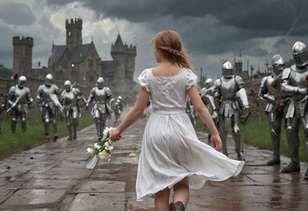1girl with an army of knights.
(happy little girl in clean white dress) runs with a white flower in her hand towards background (facing away) from camera. back turned.
(Knights with blood and wounds) marching home from a battlefield in background from right to left.
Masterpiece, DonMSt34mPXL, Realistic Lightning, Cinematic Lightning, Dark Lightning, Rain, Puddle, Clouded Sky, medieval, fantasy, pedestrians, Cape, Reflection.