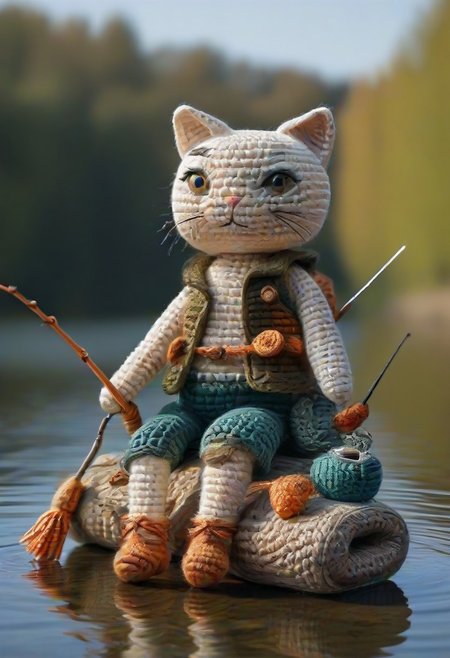 fishing, lake, sitting, cat, by saint exupery, crocheted style