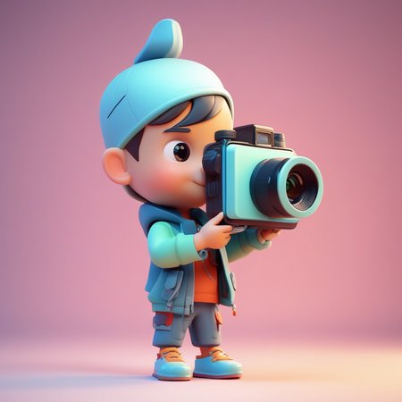 Tiny cute boy holding
camera toy, standing
character, soft smooth
lighting, soft pastel
colors, skottie young,
3d blender render,
polycount, modular
constructivism, pop
surrealism, physically
based rendering,
square image