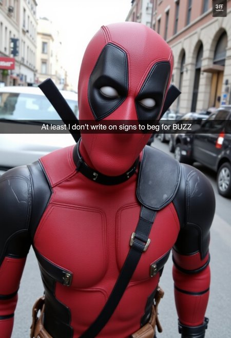 Deadpool in a bodysuit and a mask. He's taking a selfie with the snapchat caption "At least I don't write on signs to beg for BUZZ."  The background is minimal in an empty city street. The selfie captures a slightly tilted angle, with Deadpool filling most of the frame, leaning in toward the camera. Ultra-detailed, HD, 8K, Detailed hand, aidmafluxproultra
