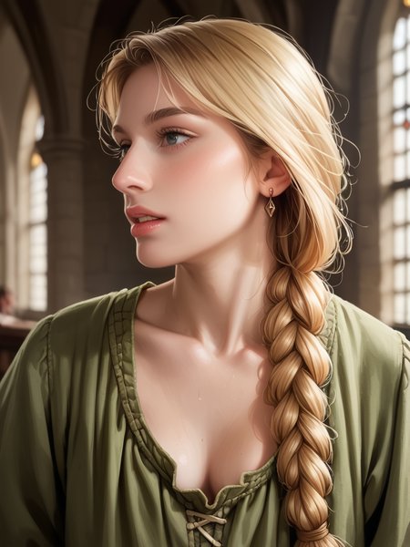 Score_9, score_8_up, score_7_up, realistic, bignoselady, medieval era, <lora:Big_Nose_Ladies:.88>, bignoselady, large nose, aquiline, (nose bump), 1girl, solo, jewelry, tiny breasts, cleavage, sagging breasts, drooping breasts,, earrings, blonde hair, low braid, long braid, loose tunic, lowcut tunic, parted lips, bow shaped lips, cupids bow, perfect teeth, moist lips, moist mouth, dewey, glow, backgrond is medieval castle interior