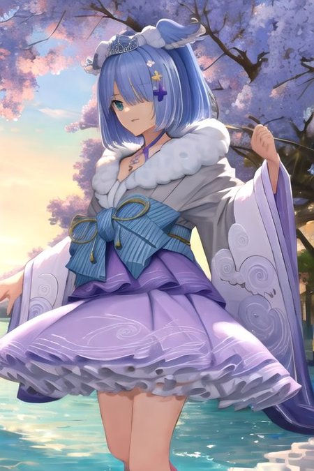 solo, 1girl, solo_focus, (((masterpiece))), ((best quality)), ((ultra-detailed)), high resolution, absurdres, highres, ultra-detailed 8k unity wallpaper, 
elira2st, tiara, japanese clothes, grey kimono, wide sleeves, single thighhigh, purple skirt, off shoulder, necklace, fur trim, thigh strap, tabi, sandals, purple nails