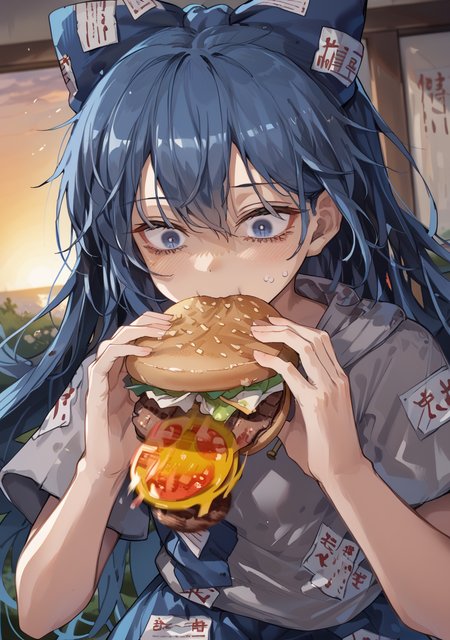 score_9, score_8_up, score_7_up, source_anime,high detail, detailed face,1girl,yorigami shion,blue hair, very long hair, hair between eyes, blue bow, grey hoodie, blue skirt, bare legs,<lora:yorigami_shion_pony:1>,japanese style room,sunset,depth of field,looking down,close-up,upper body,crazy, eating, burger, upper body,motion blur ,<lora:Burger_Malfunction-PonyXL-1024px:1>