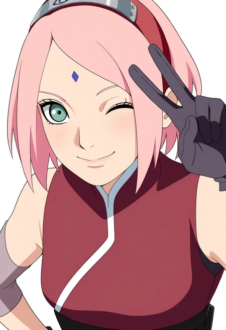 masterpiece, best quality, very aesthetic, absurdres,
1girl, haruno sakura, pink hair, short hair, green eyes, hairband,
forehead mark, sleeveless shirt, bike shorts, black gloves,
upper body, v sign, wink,
smile, solo, looking at viewer, simple background, white background    <lora:SakuraTheLastNoobXL_byKonan:1>