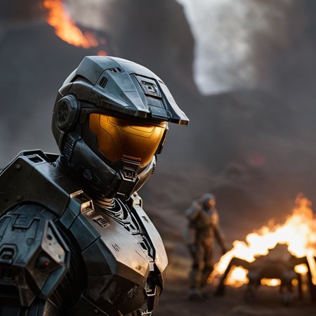 cinematic film still of  <lora:add-detail-xl:1>0
<lora:detailed:0.3>
<lora:perfection style:0.3>
<lora:xl_more_art-full_v1:0.3>
 <lora:halo style:0.9>
The Banished Monsters a sci - fi character standing in front of a fire,1boy,male focus,no humans,glowing,facial hair,robot,mecha,beard,science fiction,power armor,humanoid robot , cinematic, filmic, dramatic light, sci fi, action themed, futuristic, halo style, shallow depth of field, vignette, highly detailed, high budget, bokeh, cinemascope, moody, epic, gorgeous, film grain, grainy