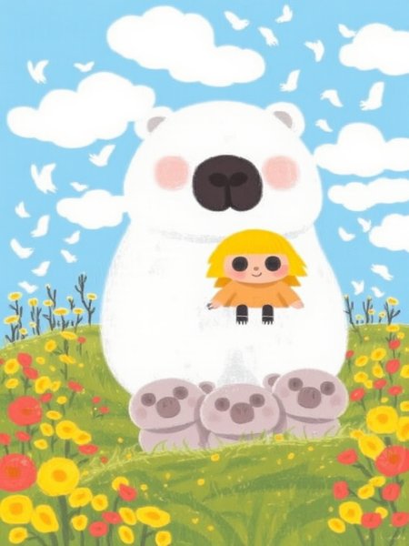 A whimsical digital illustration depicts a blonde girl in a peach dress sitting on the back of a large, white polar bear with its massive head and small body. The girl's dress contrasts gently with her rosy cheeks. Surrounding them are colorful, serene meadows adorned with yellow and red flowers, and delicate, whimsical white birds flit through a clear blue sky with scattered clouds. Three cute, round bear cubs with happy faces sit in front of the large bear, one of which looks directly at the viewer. The artwork is charming and exudes a playful, fantastical vibe.

best composition, best quality,masterpiece, vibrant colors, healing atomosphere