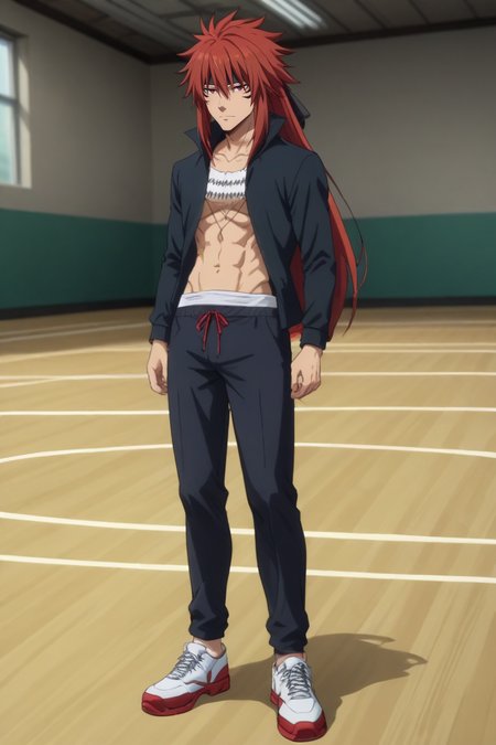 score_9, score_8_up, score_7_up, source_anime, rating_safe, , anime screencap, anime coloring, , , depth of field, 1boy, solo, male focus, <lora:guy_crimson_pony:0.8>, guy_crimson, red hair, red eyes, long hair, facial mark, wide angle, wide shot, full body, gym, indoors, leaning on object, nervous, , <lora:sdxl_lightning_8step_lora:1>