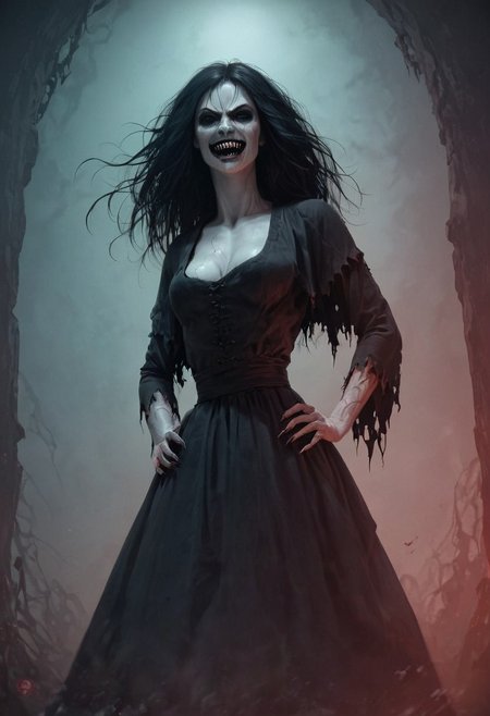 score_9, score_8_up, score_7_up, score_6_up, source_real, source_photo, a 3/4 three-quarters length portrait, veins, black veins, veins veiny breasts, 1girl, possessed witch woman , female possessed witch, possessed witch, deep cleavage, source_real, source_photo, a possessed witch, bloodless lips, possessed witch, Body horror, pale body, blank blind eyes, long black hair, grey skin, black veins, monster, scary, paranormal, pale, black veins, long tangled black hair, teeth, hands on hips, front view, very pale skin,  black peasant clothes
Black peasant clothes Black peasant clothes Black peasant clothes Black peasant clothes
very pale grimy filthy skin, evil smile, demonic possession. Evil smile, a possessed woman,, blank blind eyes, hands by side, floating in mid-air, floating above ground, no pupils,  red lighting, bedroom with peeling wallpaper, horror, scary face, monstrous, evil, claws, red lighting, Expressiveh, g0thicPXL,, neon,, zPDXL2, exorcist style