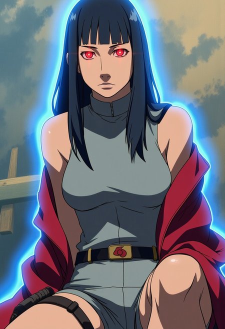 Anime-styled illustration close-up portrait of the character Hyuuga Hinata from the Naruto Anime
Hinata is a young woman with a serious and composed demeanor. She has long, straight, dark blue or black hair with blunt bangs that frame her face. Her eyes are a striking lavender or white, with a bright, glowing red light in the center of each eye which stand out, adding intensity to her gaze. She wears a sleeveless, fitted light gray top that accentuates her figure and a pair of matching shorts. A black belt cinches her waist, and she has a shinobi headband with the symbol of the Hidden Leaf Village around her neck, indicating her affiliation with the ninja village.
The character is sitting with a slight forward lean, which adds to the intensity of her gaze. Over her shoulders, she wears an open red cloak that contrasts sharply with her outfit. One of her legs is bent, revealing a thigh holster with a ninja tool, adding to her warrior-like appearance. The background is an abstract mix of blue and tan brush strokes, giving the image an artistic, painterly quality.
The overall mood of the image should convey strength, seriousness, and a quiet determination, with the character's intense eyes and forward-leaning posture as the focal points.
Hinata is highlighted by a faint glowing blue outline around it, indicating that they might be using or preparing to use some sort of power or ability. C0NTR4CT0R