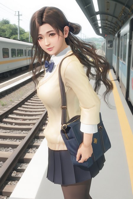 score_9,score_8,score_7_up,best quality,high detailed,
sayuri \(doa\), 1girl, solo,
mole under eye, brown eyes, dark brown hair, shiny hair,long hair, wavy hair, half updo, parted bangs, asymmetrical hair, single side bun,
waitng for train,yellow sweater jacket,open jacket,white shirt,shirt_tucked_in, long sleeves,sleeves pass wrist, black_collar,black pleated skirt,carrying school bag,(brown loafter),black pantyhose, blue bowtie,
long wide-shot,vivid colors,complex background,(train,stop,railroad tracks, railroad signal, sea, train station), from side,full train,
 <lora:doa_sayuri_pdxl_v11:0.9>