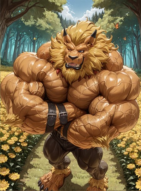 masterpiece, best quality, amazing quality, very aesthetic, absurdres, newest, high quality, detailed, male, solo male, 1boy, mature male, unique angle, unique perspective, male, huge muscles, muscle body, muscle biceps, muscle chest, smug smile, one eye closed, <lora:Uneven_Growth_PonyILXL:0.4>, veiny muscles, veiny body, veins, big fangs, <lora:Male_hyper_muscle_neck:0.5>, athletic build, monster boy, very hairy , <lora:Leomon (2):0.9>, leomon, <lora:add-detail-xl:0.5>, detailed face, perfect face, perfect eyes, <lora:zoroj_IL_2:0.3>, <lora:Close-up shot focusing:0.7>, up view, butterfly, flower field, forest,   <lora:Male_Himbo_Lips:0.4>, thick lips, lower lip only, black pants, topless, detailed eyes, fangs, belt