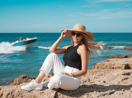 Wide angle  long distance shot of stylish blonde woman is sitting gracefully on jagged coastal rocks, facing the sun-drenched sea. She exudes relaxed confidence with a model-like posture â one hand resting on her knee, the other adjusting a chic straw hat that casts a soft shadow over her sunglasses. She wears a sleeveless black top tucked into crisp white pants, paired with white sneakers â a blend of casual elegance and coastal fashion. The warm sunlight highlights her fair skin and long, loose blonde hair flowing gently under the hat. Behind her, a sleek speedboat with blurred passengers cuts across the vibrant blue sea, adding a dynamic, cinematic contrast to her serene pose. The entire composition feels like a moment captured from a luxury lifestyle editorial