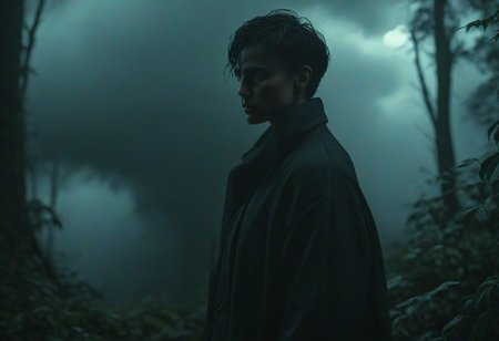 Darkest Hours.
Thick clouds.
Sadness.
Gothic figures.
Myst.
Dark.
Black.
Forests.
Life-like entire figure portrait.
Cinematic. Dramatic. Dynamic. 
Pristine Aesthetic.
Hyper-Realism.
Enigmatic.
Emotionally Moving.
Moody.
Extremely refined lines and and shapes.
Extremely refined details on objects.
Sharp details.
Complementary colors.
Many details everywhere. Ray-Tracing. Anti-Aliasing. Realistic soft shadows. Low saturation colors. Insane quality. Insane resolution. Insane details. Masterpiece. 32k resolution.