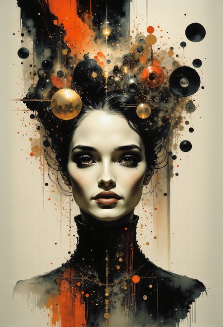 A surreal, intricate portrait of a woman with an expressionless face, painted in a style that blends surrealism and steampunk elements. Her hair is transformed into a chaotic, complex network of gears, pipes, cogs, and abstract shapes, reminiscent of mechanical machinery and cosmic designs. Some gears and circles seem to float around her head, as if depicting an abstract universe of thoughts and ideas. The muted background, composed of faded lines, curves, and soft sepia tones, enhances the surreal atmosphere, while subtle accents of red and orange highlight specific elements within the composition. The overall scene evokes a sense of introspection and complexity, suggesting an intricate mind filled with endless connections and thoughts. <lora:Risograph_Style_FLUX_by_Ethanar-000001.safetensors:1.0>,  <lora:ancient.safetensors:1.0>,  <lora:aidmaInkStyle-FLUX-V0.1.safetensors:0.75>,  <lora:Elden_Ring_-_Yoshitaka_Amano.safetensors:1.0>,   <lora:Ethereal Grace - s1 g4.safetensors:1.0>,  <lora:Luminous_Shadowscape-000016.safetensors:0.2>,