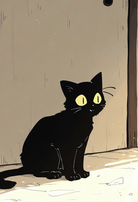 chii-kun \(seedyoulater\), naguru \(cyoroama\), 
very awa, masterpiece, highres, absurdres, newest, year 2024, year 2023, 
(cat:1.2), black cat, (no humans:1.1), scared, paws, fur, (cute:1.2), comfy, solo, standing, 
side street, OO,
day, sunlight, sunrays, single fang, fang out, 
<lora:TA_trained:0.75>, <lora:ponyv4_noob1_2_adamW-000017:0.33>, <lora:shiroski:0.75>,