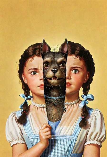 Split head of Dorothy inside Toto, from the movie the wizard of Oz