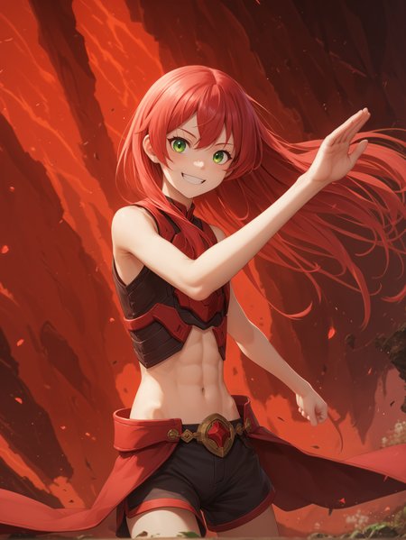 Ruby, 1girl, young, solo, anime style, absurd res, best quality, masterpiece, detailed skin texture, vibrant, perfect light, prefect shadow, very detailed, hyper detailed, detailed clothes, high resolution illustration, score_9, score_8_up, score_7_up, source_anime, <lora:st4t1ctvXLP:1>, st4t1ctv, chromatic aberration, perfect hands, green eyes, red hair, long hair, straight hair, slim, petite, narrow waist, femine,  smile, midriff, (abs:0.85), action, tempting, femine body, cowboy shot, dynamic, action-packed, <lora:Concept Art Ultimatum Style LoRA_Pony XL v6:0.3>