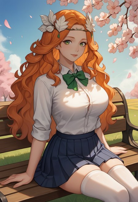 score_9, score_8_up, score_7_up, source_anime BREAK 1girl, looking at viewer, cowboy shot,
 <lora:NophicaDwnsty-000006:1>, nophicadwnsty, green eyes, orange hair, wavy hair, laurel crown, white shirt, collared shirt, bowtie, pleated skirt, blue skirt, school uniform, white thighhighs, outdoors, sunlight, school yard, cherry blossoms, blue sky, bench, outdoors, sunlight, school yard, cherry blossoms, blue sky, bench, sitting, on bench,
large breasts, smile, lips, skindentation,
