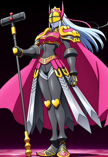 finetuneanime, anime screencap, official art, detailed anime, ultra detailed anime art, anime screencap, screencap, score_9, score_8_up, score_7_up, masterpiece, anime coloring, source_anime, Queen Chessmon, 1girl, armor, long hair, cape, black bodysuit, shoulder armor, colored skin, breastplate, bodysuit, (((large breasts, curvy, wide hips))), narrow waist, digimon \(creature\), high heels, weapon, silver-blue hair, helmet, pauldrons, grey skin, boobplate, heart, gloves, crown, boots, covered eyes, pink cape, full armor, parted lips, ((lipstick, purple lips)), belt, black gloves, spikes, waist cape, faulds, gauntlets, makeup, horns, jewelry, shoulder pads, mask, gold armor, bracelet, skin tight, armored skirt, swords on skirt, high heel boots
BREAK 
Stable_Yogis_PDXL_Positives, fullbody shot, standing, (((side view))), ass, perfect ass,  ((1hand holding war hammer, holding weapon, war hammer)), posing, dynamic pose,