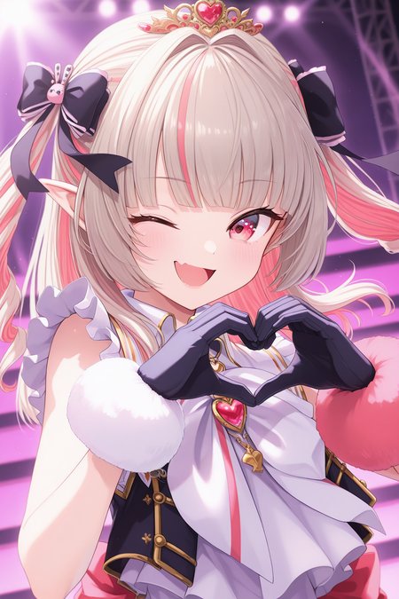 1girl,
MakaiNoRirimuNijisanji, MakaiNoRirimuIdolCostume,
general, solo, dynamic angle, upper body,
grey hair, twin drills, eyelashes,
tiara, rabbit hair ornament, idol clothes,
looking at viewer, \:D, skin fang, one eye closed, heart hands, 
stage,
depth of field,
<lora:kp_MakaiNoRirimuNijisanjiIllustrious_v1_0:1.0>,
masterpiece, best quality, amazing quality