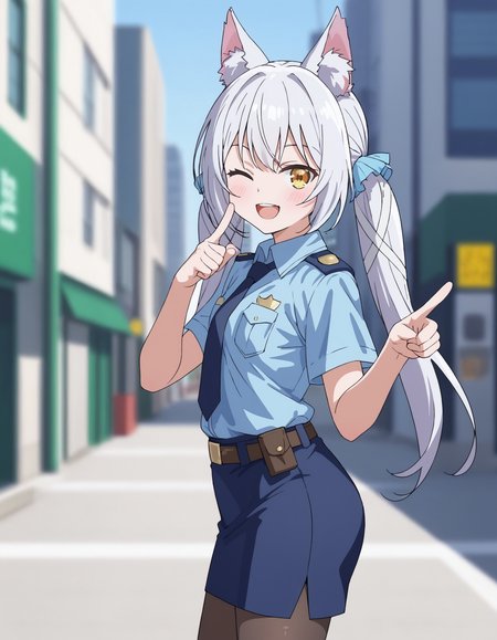 score_9,
sara, sara \(seirei gensouki\), yellow eyes, long hair, white hair, twintails, hair ribbon, animal ears, animal ear fluff, small breasts, <lora:seirei_gensouki_-_ sara:0.8>
police uniform, policewoman, black necktie, collared shirt, blue shirt, breast pocket, belt, blue skirt, miniskirt, pencil skirt, pantyhose,
1girl, solo,
blush, smile, one eye closed, open mouth, ;d,  
  looking at viewer, cowboy shot, pointing, pointing at viewer, index finger raised, from side, looking to the side,
  outdoors, city, depth of field, blurry background,