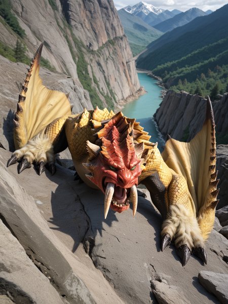 <lora:MH_Barioth_a1_4_PonyXL:0.9>, score_9,score_8_up,score_7_up, mountain climbing photography,
(extreme close_up shot, extreme portrait),cropped photo,high angle, face focus, hardlight,
barioth,feral,solo,hi res,detailed background, climbing up a mountain cliff face,green eyes,red face,yellow body,open mouth,action pose,dust cloud,white fangs, tail, one arm up clawing
, bloom, subsurface scattering, sharp hyper detailed, (shiny metallic skin:1.2), (ultra-detailed short_fur small_scales:1.1), bright highlights, <lora:RM_Enhancer_v1.0_bf16:.1>  <lora:p:.2> <lora:Add_More_details_SD3:.5> ,