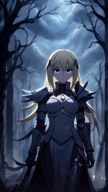 <lora:Darkness:1>
(DarknessKonosuba:1.9), DarknessKonosuba, 
DarknessKonosuba wearing Armor,, <lora:Dark Fantasy:1>Dark Fantasy - An intense nightmare scene, with dark, twisted trees, ominous clouds, and eerie shadows, illustrating the consequences of panicking in a lucid dream, where fear manifests into a terrifying reality.