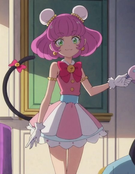 score_9, score_8_up, score_7_up, anime screencap, solo,1girl,mao,   smile, white gloves, pink dress, jewelry, earrings, bow,  sleeveless, bun cover, black cat tail, tail ornament,<lora:mao:0.8>